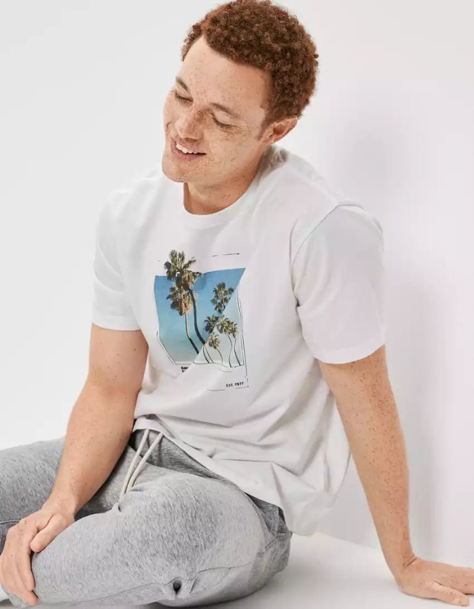 T Shirt Graphique American Eagle AE Super Soft Photoreal Blanche Homme | HMW-01518380